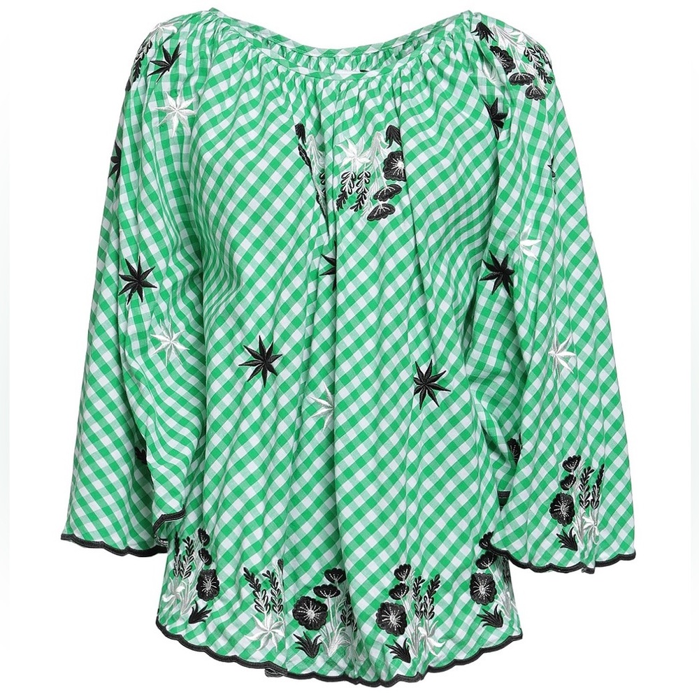 Innika Choo Green White Gingham Embroidered Flowy Top Women's One Size